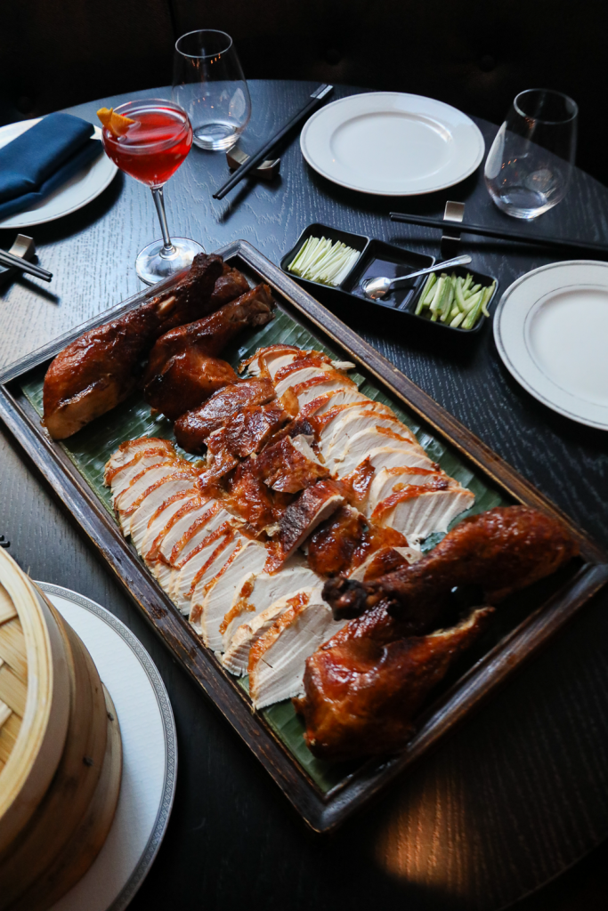 Platter of peking duck served on a table